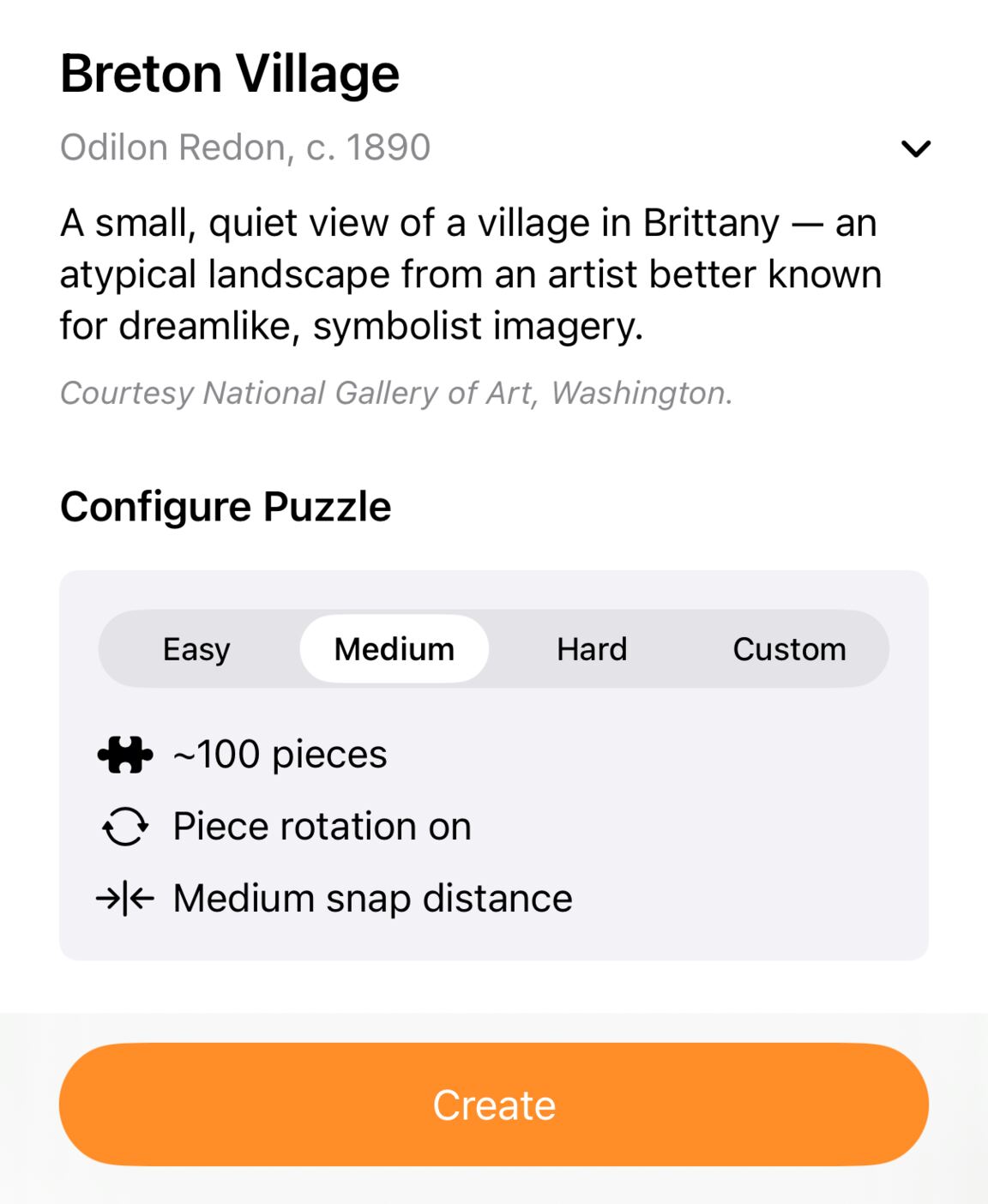 Setting up a puzzle: the picture's title, artist and museum credit, then the piece count, rotation and snap distance.