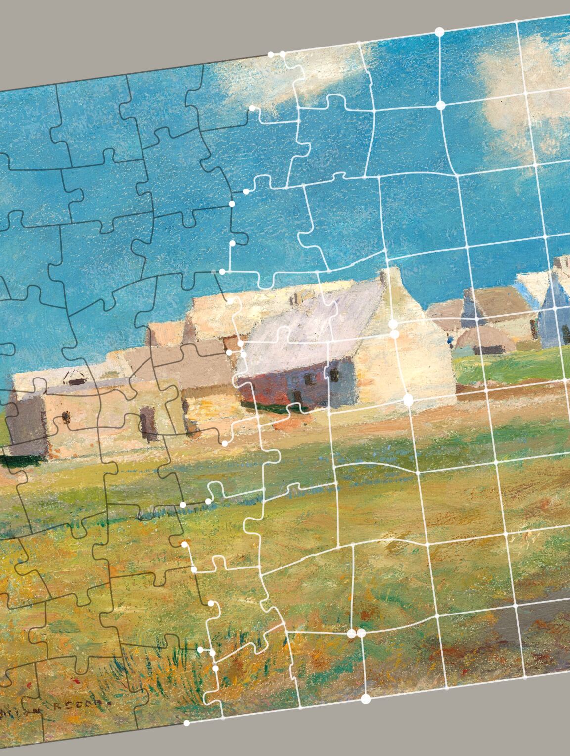 A puzzle being cut: the finished cut on one side of the picture, the line still being drawn on the other.